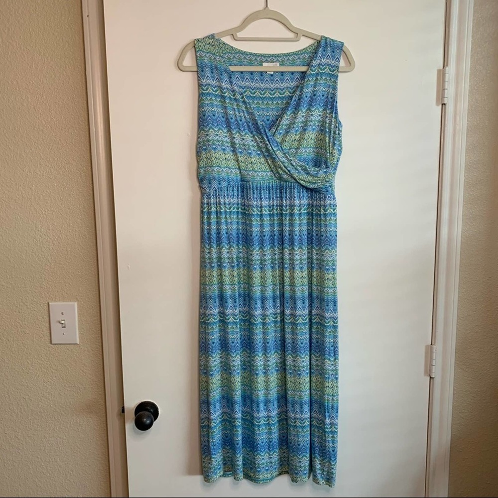 J. JILL blue,green&white sleeveless stretchy v-neck dress size medium petite